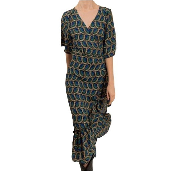 Silk & Salt Dress Wrap Blue Green Peacock Flowy Hem Western Bohemian Boho Small