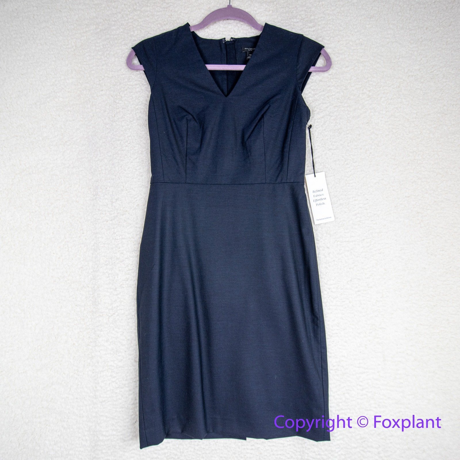 New! Ann Taylor wool blend navy blue sheath dress with back slit, size 00P
