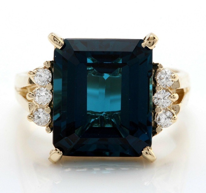 6.30Ct Natural Emerald Cut London Blue Topaz & Diamond Solitaire Ring 14k Yellow