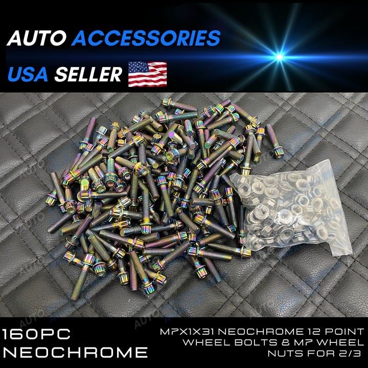 160pcs M7x1x31 Neochrome 12 Point Wheel Bolts & M7 Wheel Nuts for 2/3