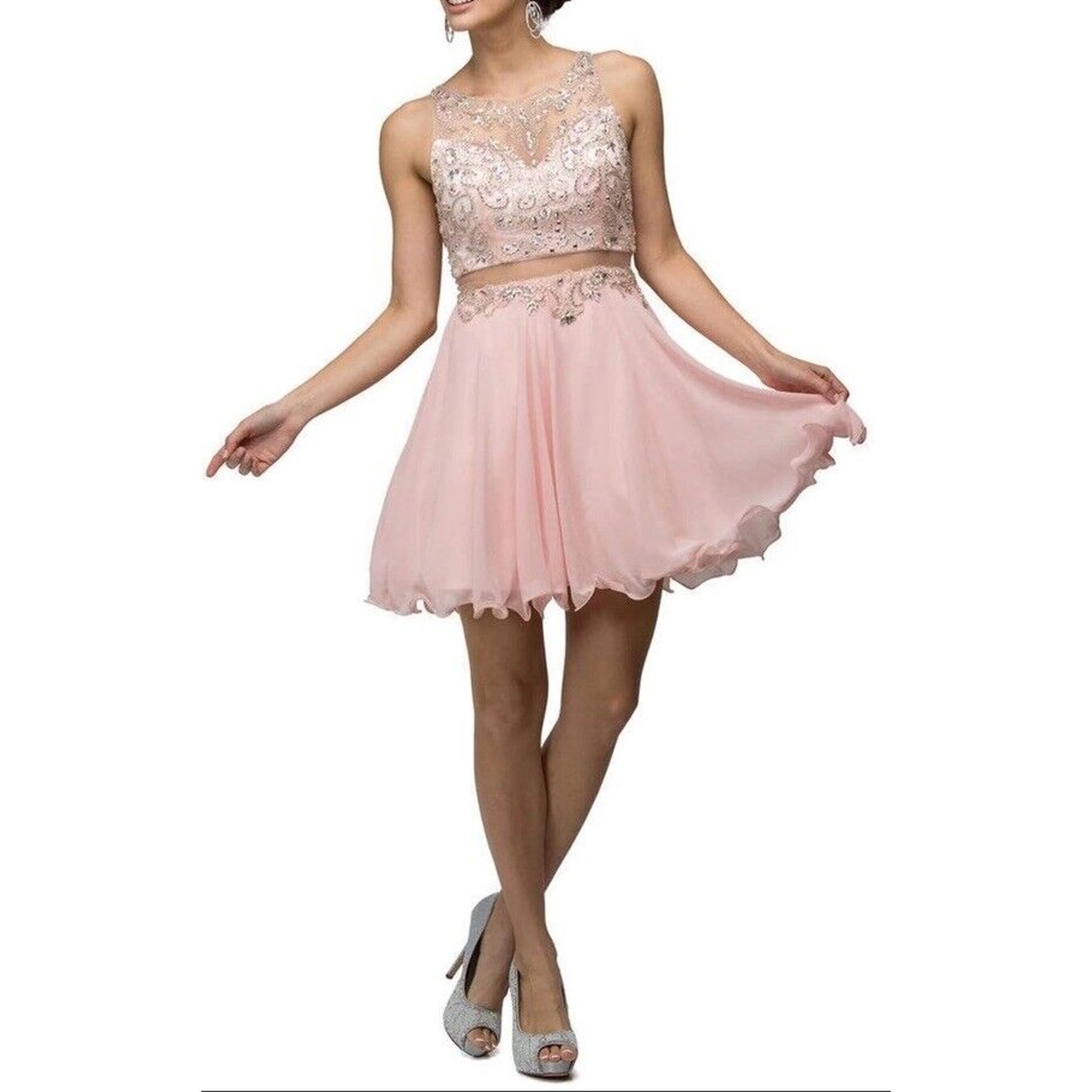 Dancing Queen - 9550 Mock Two-Piece A-Line Short Mini Prom Dress Pink S