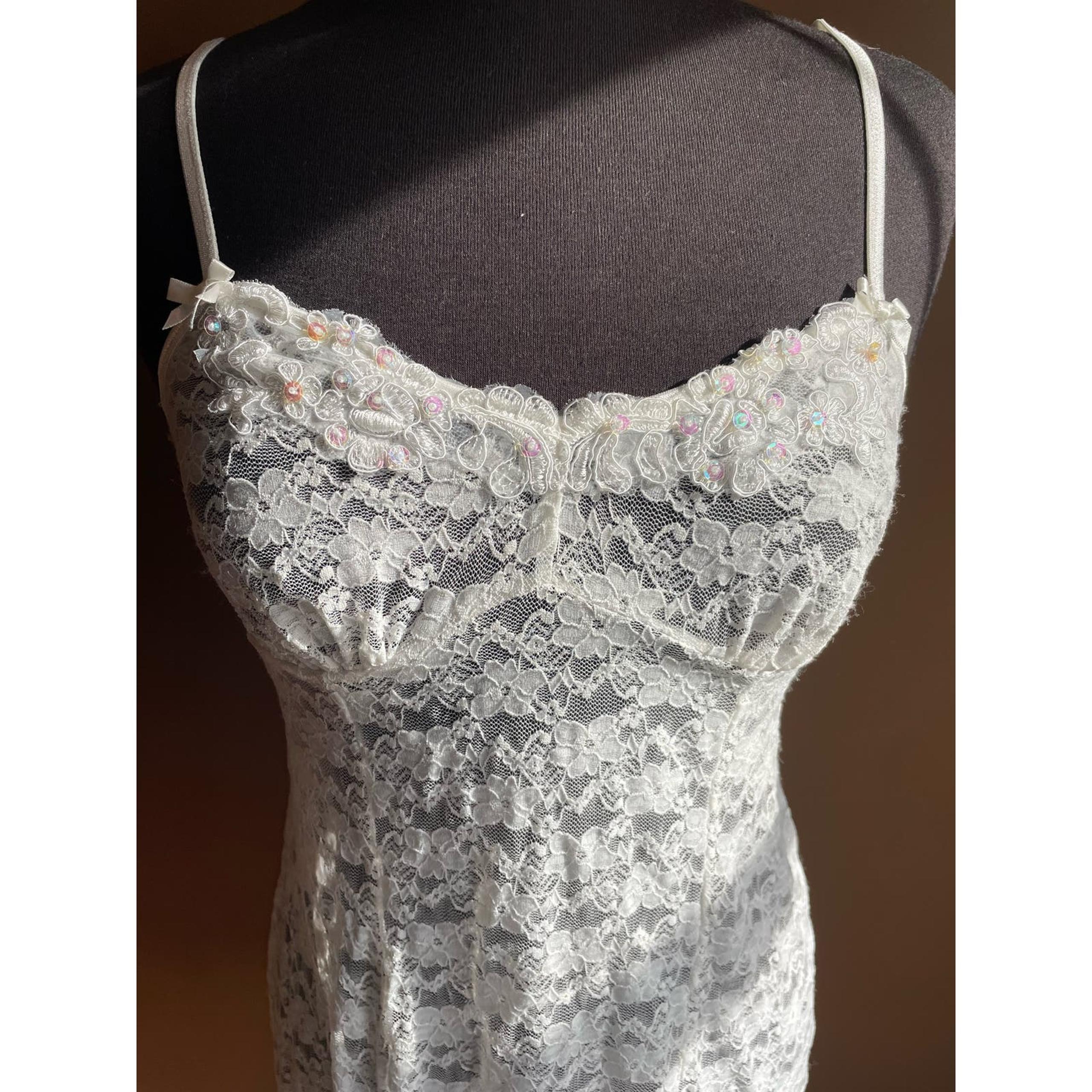 Women's M White Lace Lingerie Nightie Gown Sequin GUC