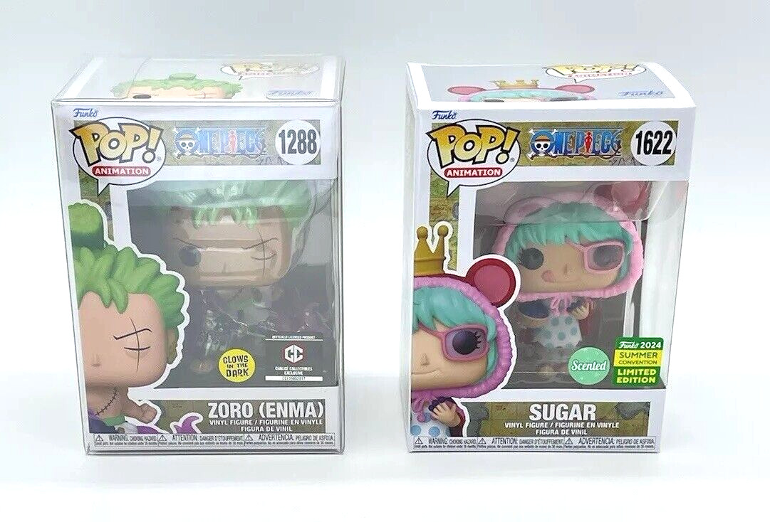 Funko Pop! One Piece Sugar Scented Con Exc #1622 & Zoro Enma Glow GID #1288 NIB