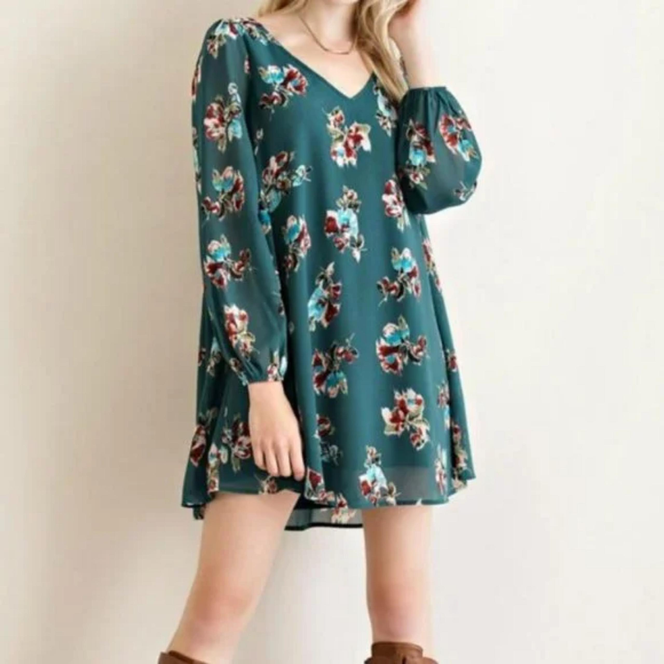 Entro Long Sleeve Boho Floral Trapeze Mini Dress NWOT - LARGE