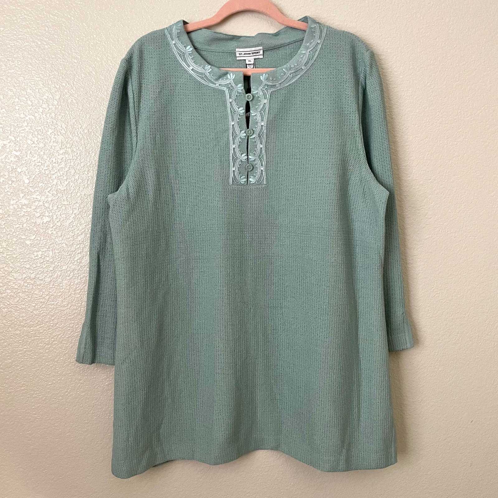 St. John Sweater Womens XL Teal Green Santana Knit Wool Rayon Embroidered Tunic