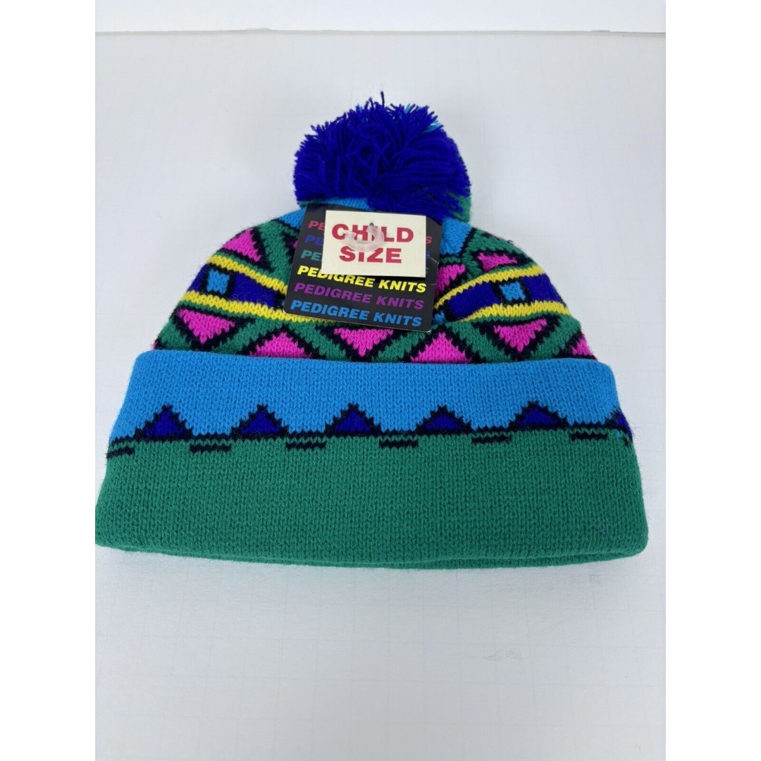 NWT Vintage 1990’s Green Child Beanie Acrylic Cap USA Pedigree Knit Hi-Bulk