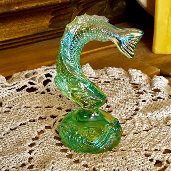 Vintage Fenton Glass Willow Green Carnival Glass Paperweight Jumping Trout or Fi