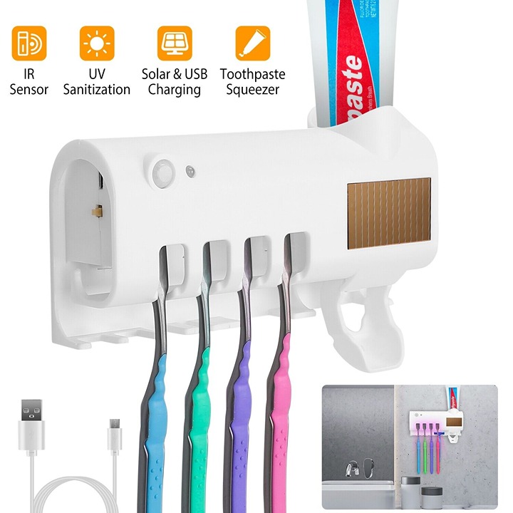 Solar Charge IR Induction UV Toothbrush Sanitizer Automatic Toothpaste Dispenser