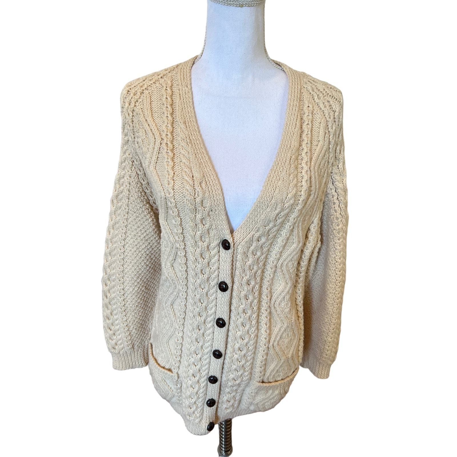 Vintage wool fishermans cable knit V Neck Cardigan Sweater Natural