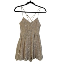 Kimchi Blue Pink Beige Lace Silver Tinsel Romper Size 2 Crossed Spaghetti Strap