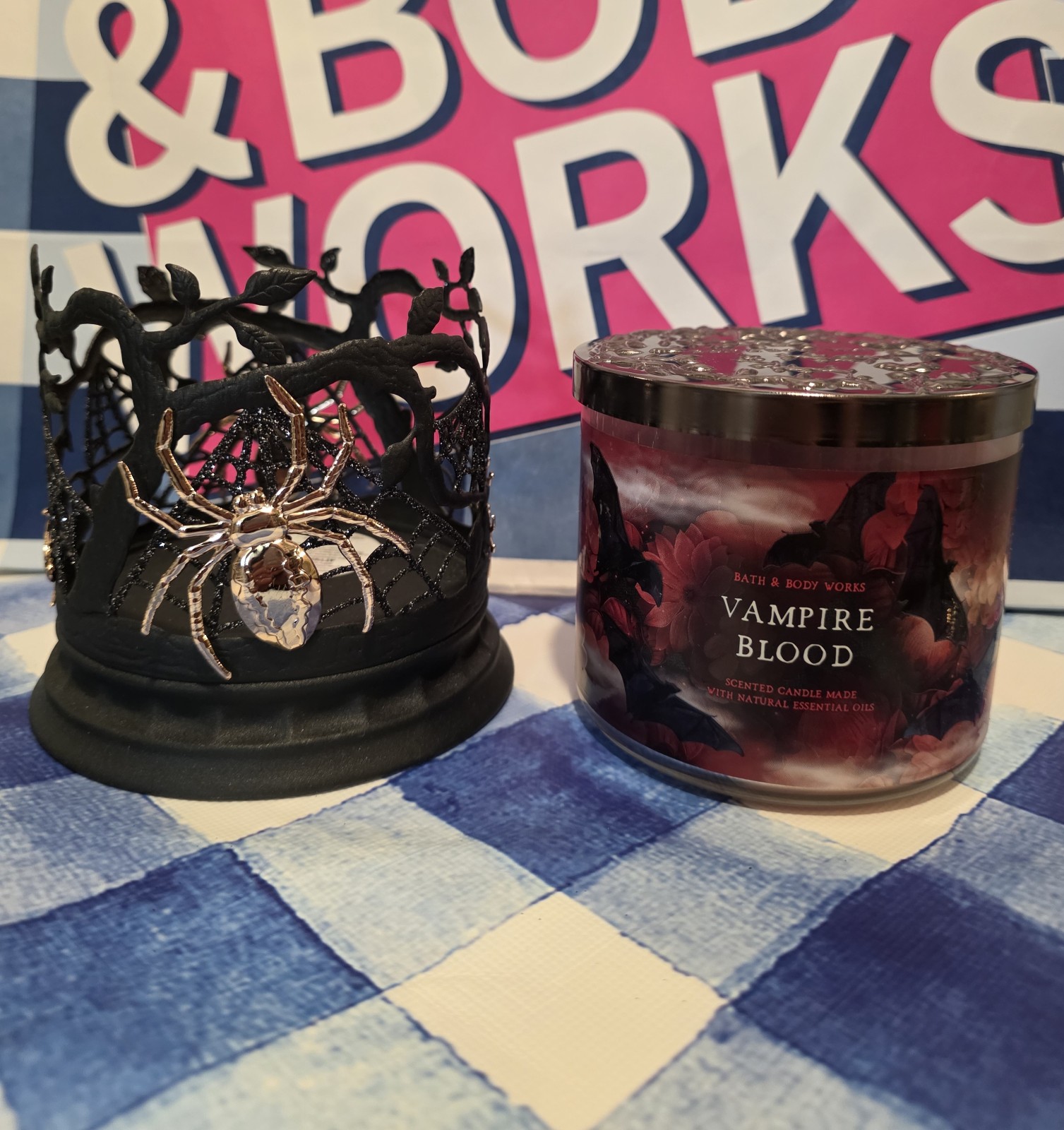 Halloween spider web holder & vampire blood candle from Bath and Body Works