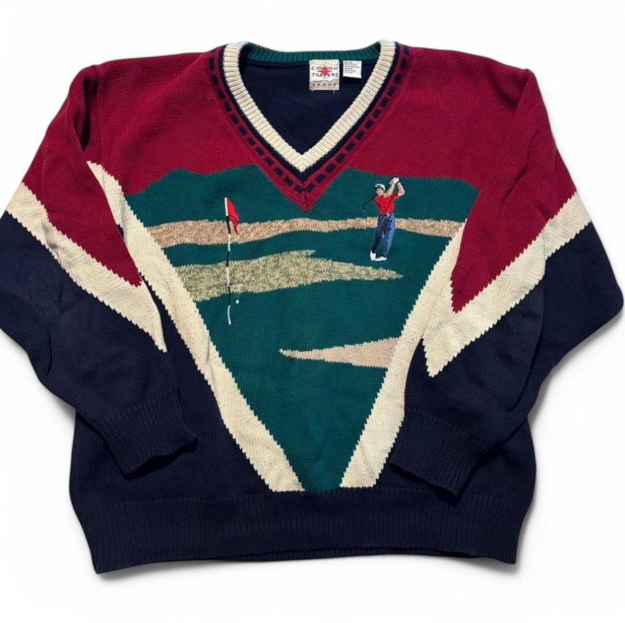 Vintage Cotton Traders Men's XL Embroidered Golf Knit V Neck Sweater Multicolor