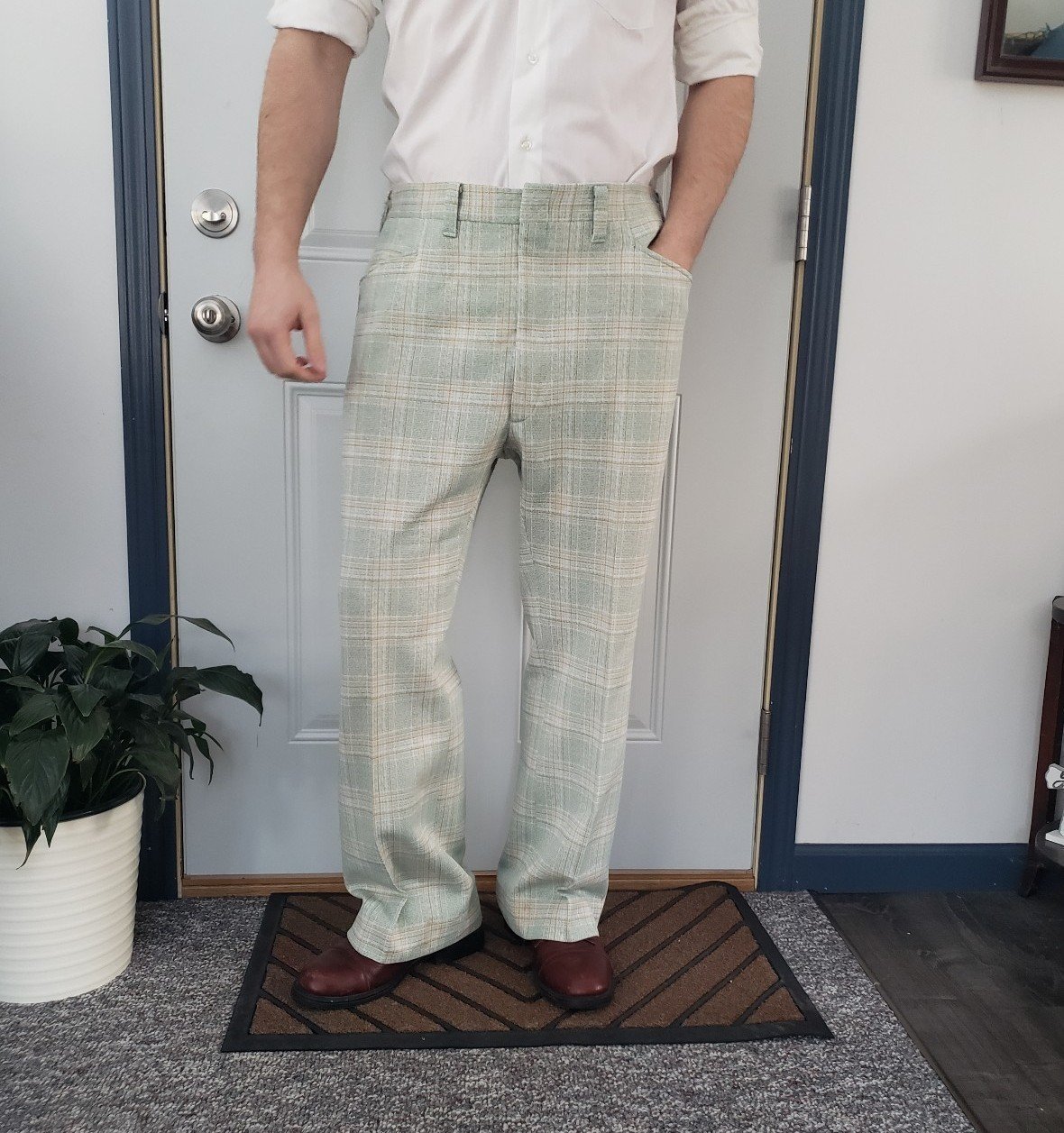 70s Green and Orange Plaid Polyester Trousers