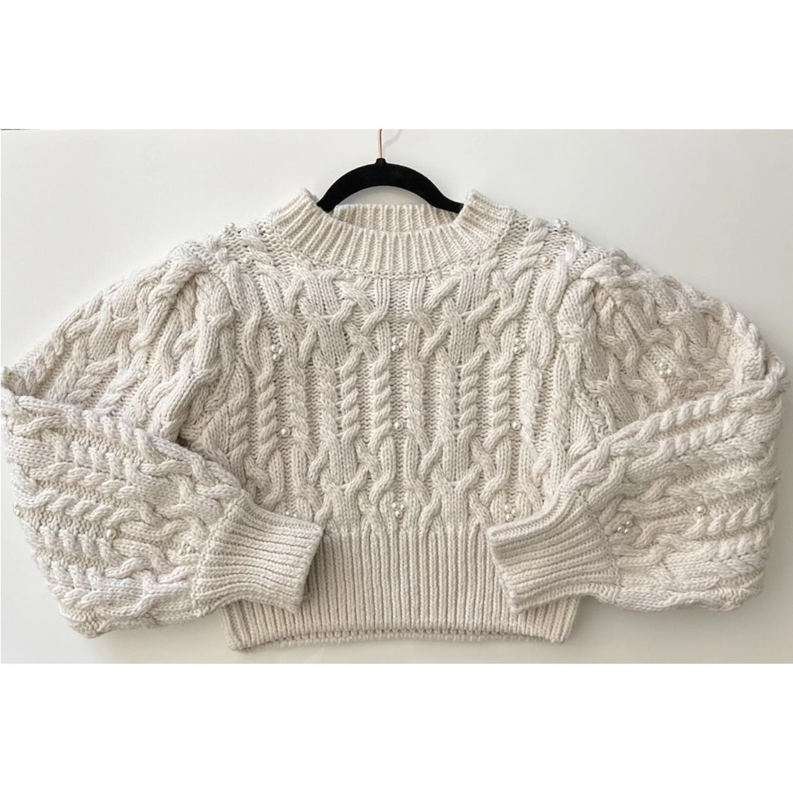 Zara CABLE KNIT CROPPED PEARL SWEATER size Large