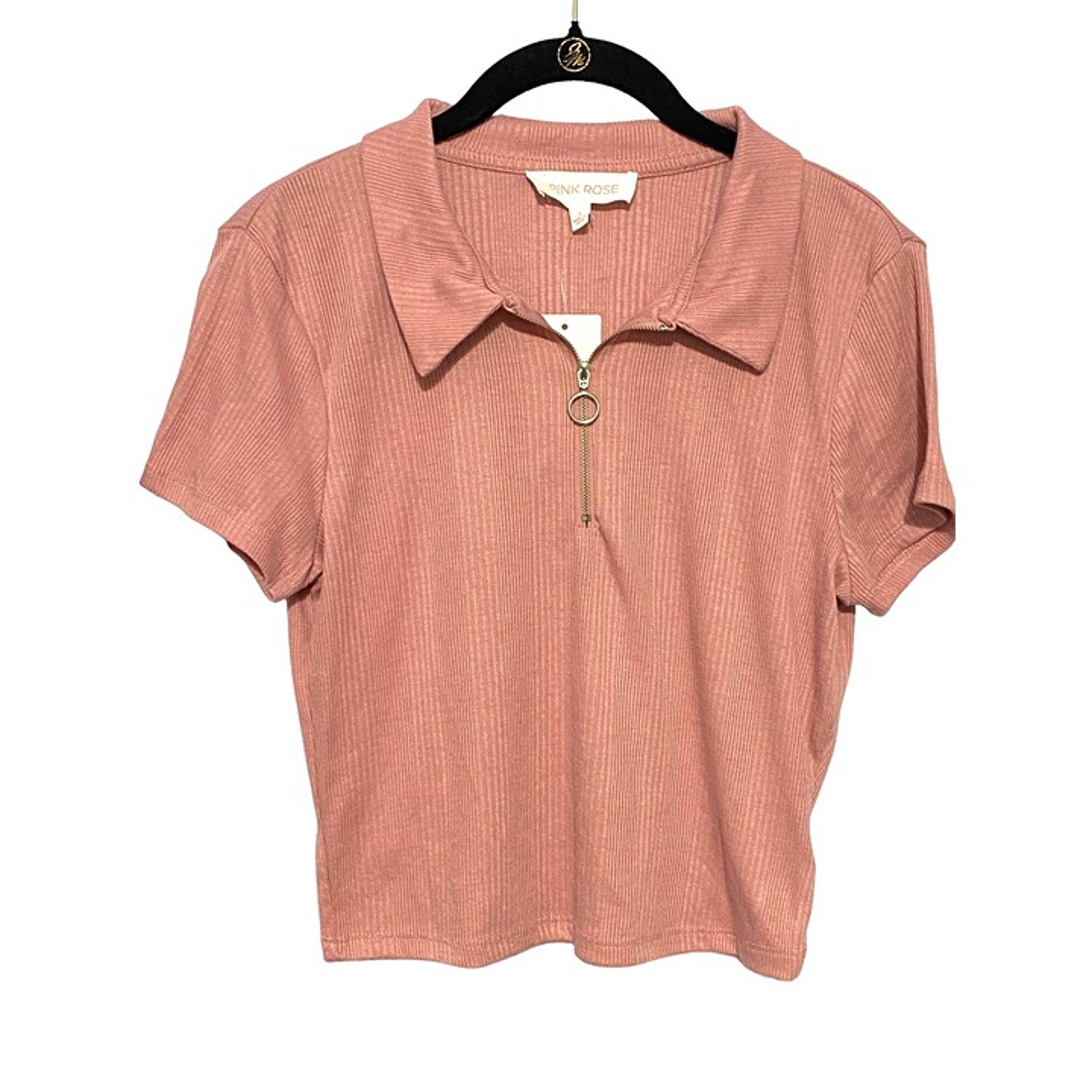 New Pink Rose Short Sleeve Crop Top with Zip Collar Dusty Rose Junior's Large