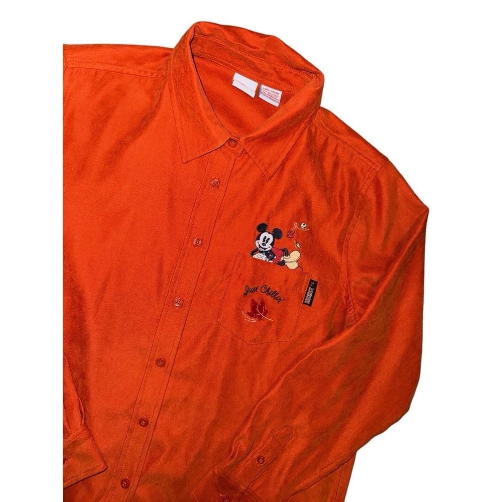 Vintage Embroidered Button Up Mickey Just Chillin Fall Women's Shirt LG Orange