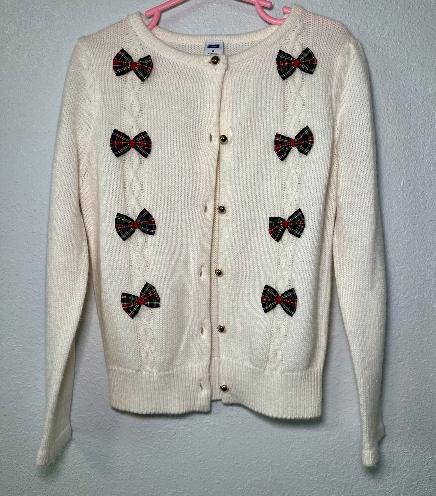 Janie and jack girls ivory Tartan Bow Cardigan sweater sz 6T
