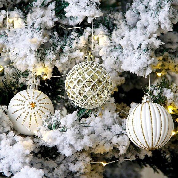 NEW 30PCS Christmas Balls Ornaments,60MM Gold&White Painted Shatterproof
