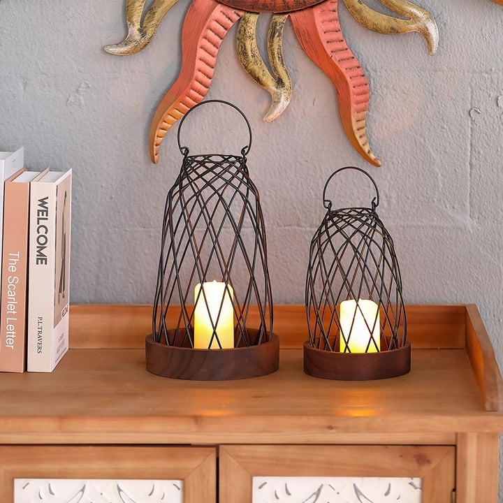 NEW Set of 2 Rustic Candle Lantern Holder with Wooden Base
