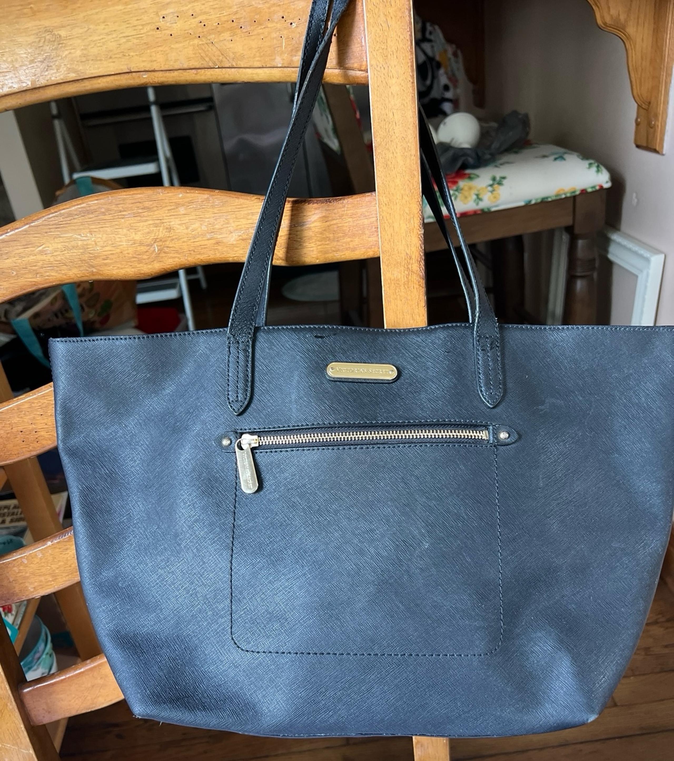 Victoria's Secret Logo Tote Purse Large Black Bag Faux Leather