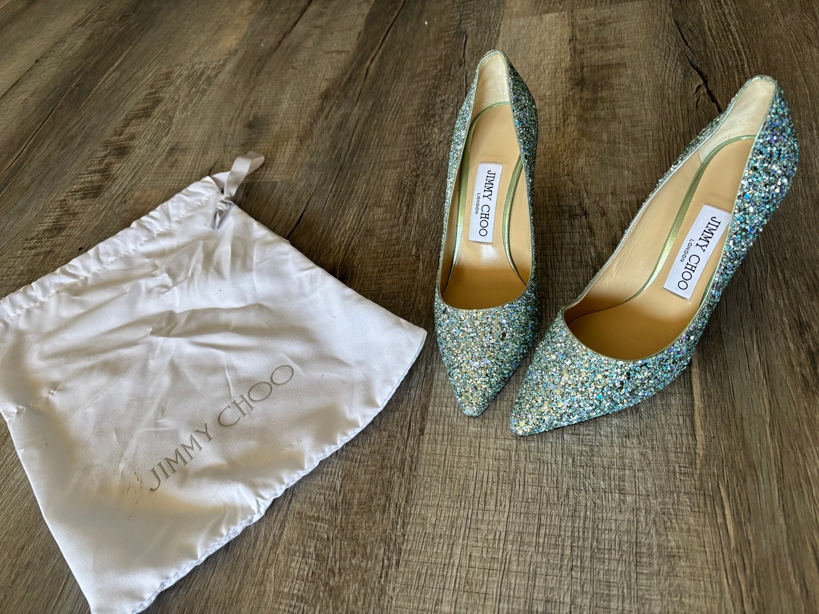 Jimmy Choo Coarse Glitter Pointy Toe Pumps (Mint)