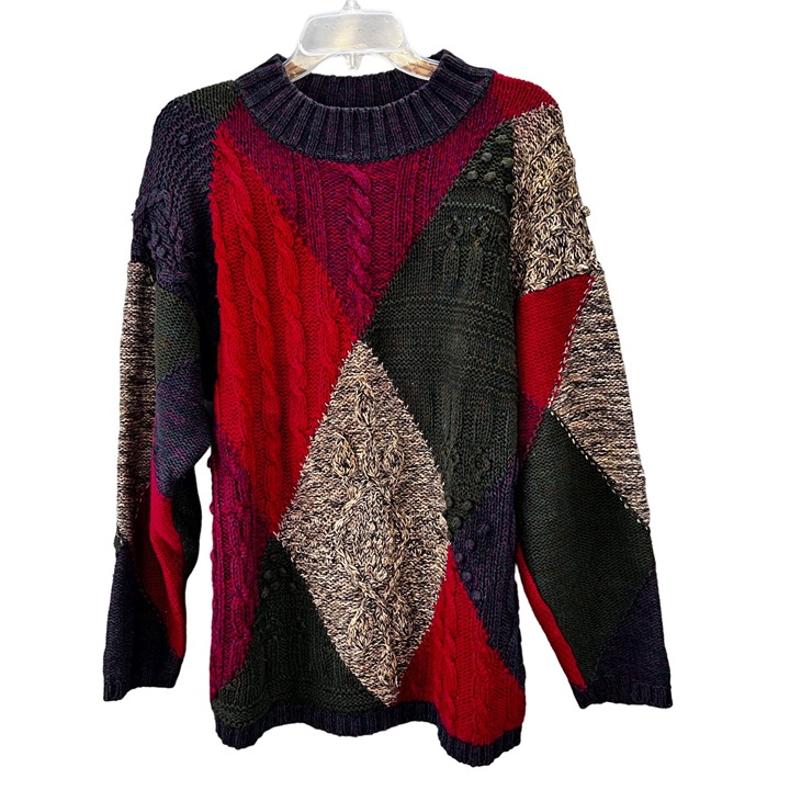 Vintage Casual Corner Chunky Sweater size M Diamond Argyle Green Burgundy Tan