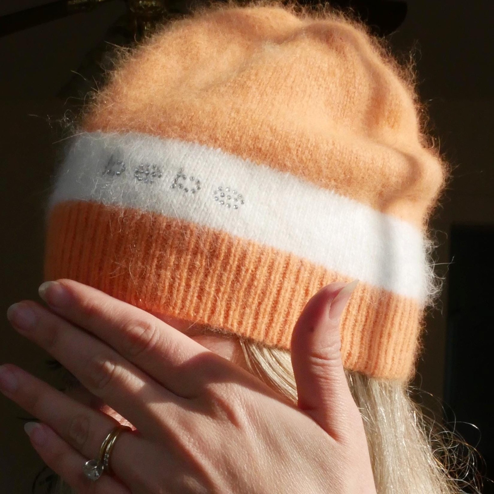 Y2k Bebe angora winter hat beanie orange and white ski-bunny crystal logo OS