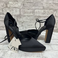 Zara Platform Pointed Toe Ankle Strap Heels Women’s 10 NWT black satin like