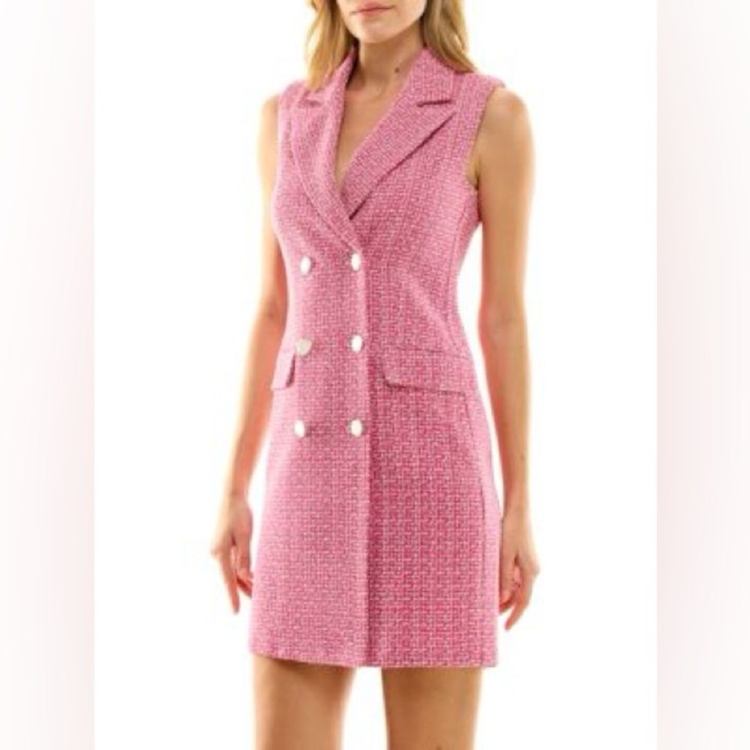 Nicole Miller Pink White Preppy Tweed Blazer Sleeveless Button Mini Dress Sz 16