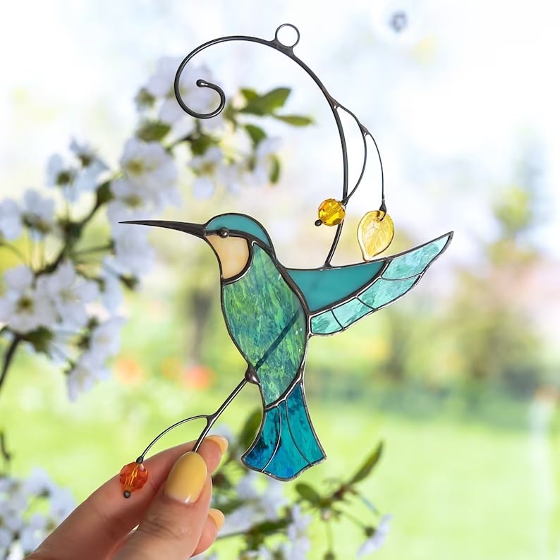 Hummingbird stained glass window hangings Mothers Day gift Bird cage Custom stai