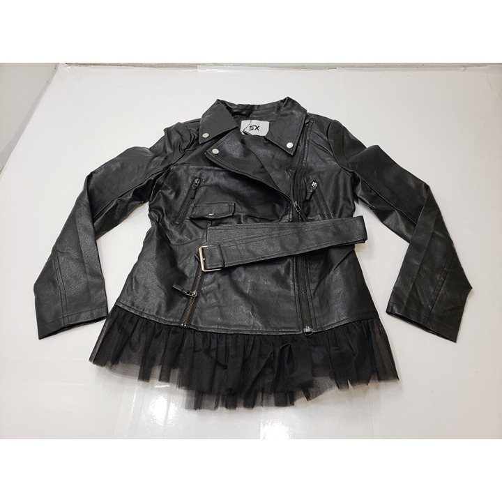 SX Womens Jacket Motorcycle Biker Zip Belted Faux Leather Tulle Hem Black XS NWT