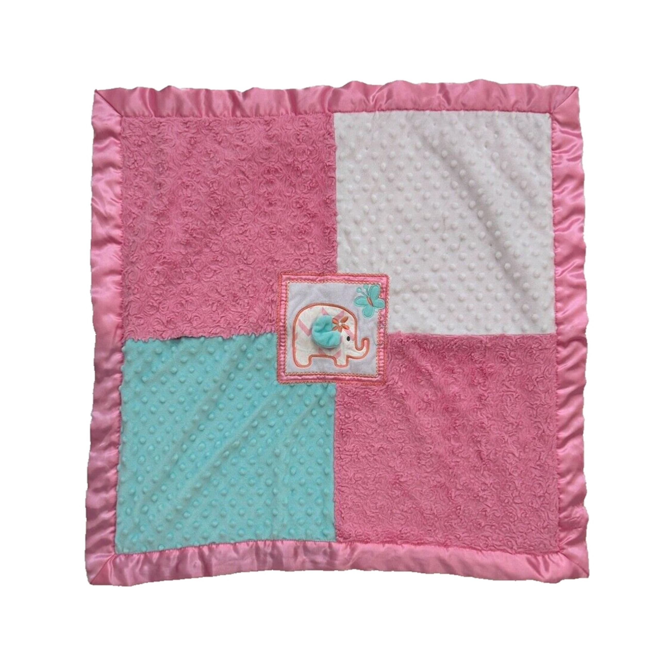 AD Sutton and Sons Elephant Pink Green Baby Blanket Lovey Satin Textured Quilt