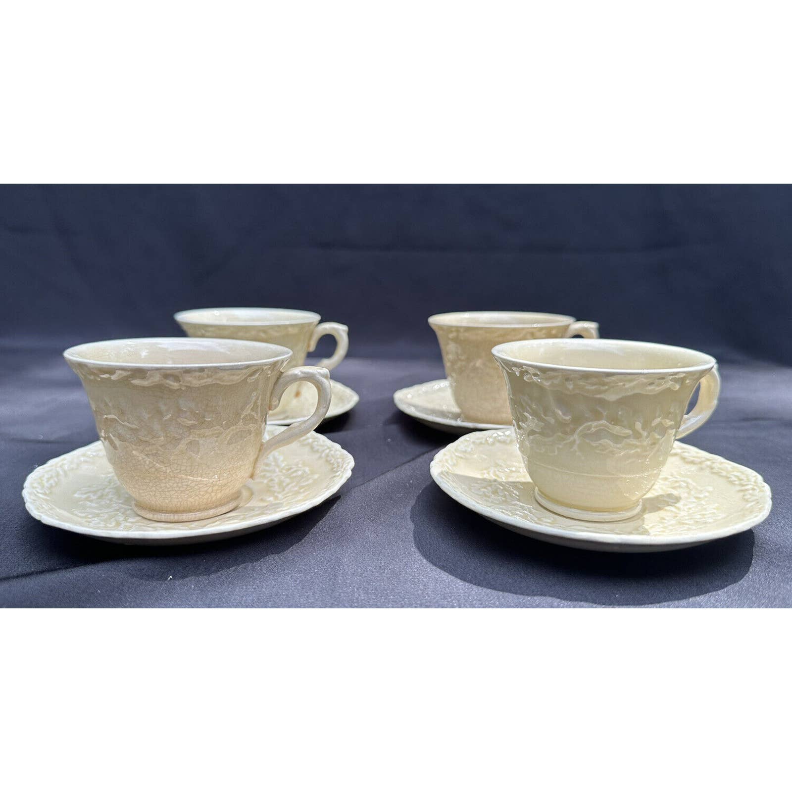 Mason's Oak Cream Embossed 4 Teacups & Saucers Acorns Leaves England -S37