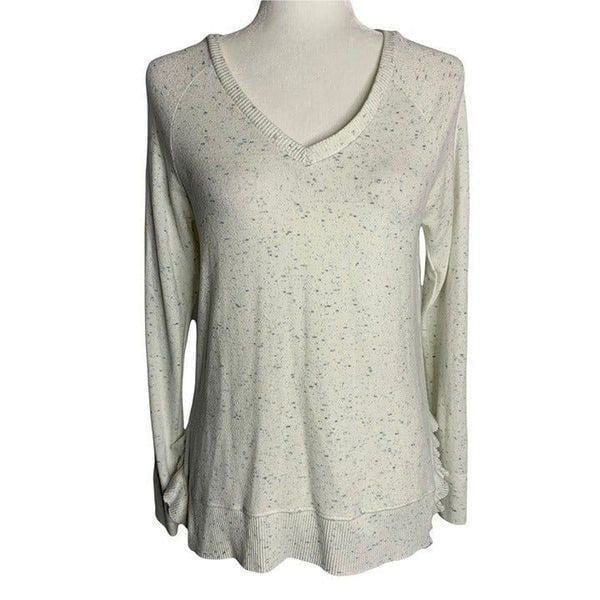 Postage Stamp Anthropologie Tunic Sweater XS White V Neck Long Sleeve Ruffle Hem