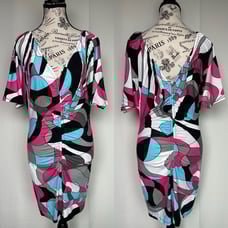 Cache deep V-neck ruched printed matte retro Y2K mini dress size S small NWT