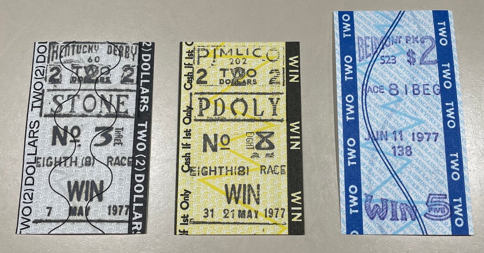 1977 Seattle Slew Horse Racing 2 Uncashed Win Ticket Set Kentucky Derby