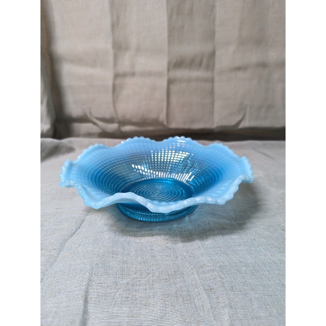 EAPG Opalescent Bowl by Model Flint Glass Company Ribbed Spiral Aqua Mid Century