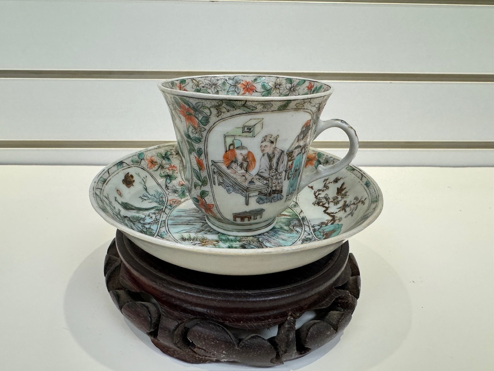 Antique Chinese famille rose porcelain cup and saucer