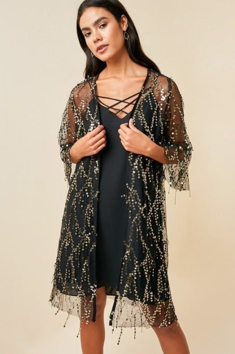 NEW HAYDEN SEQUIN CARDIGAN DRESS UP western Boho Magnolia BLACK/GOLD (SM-3X) 3X