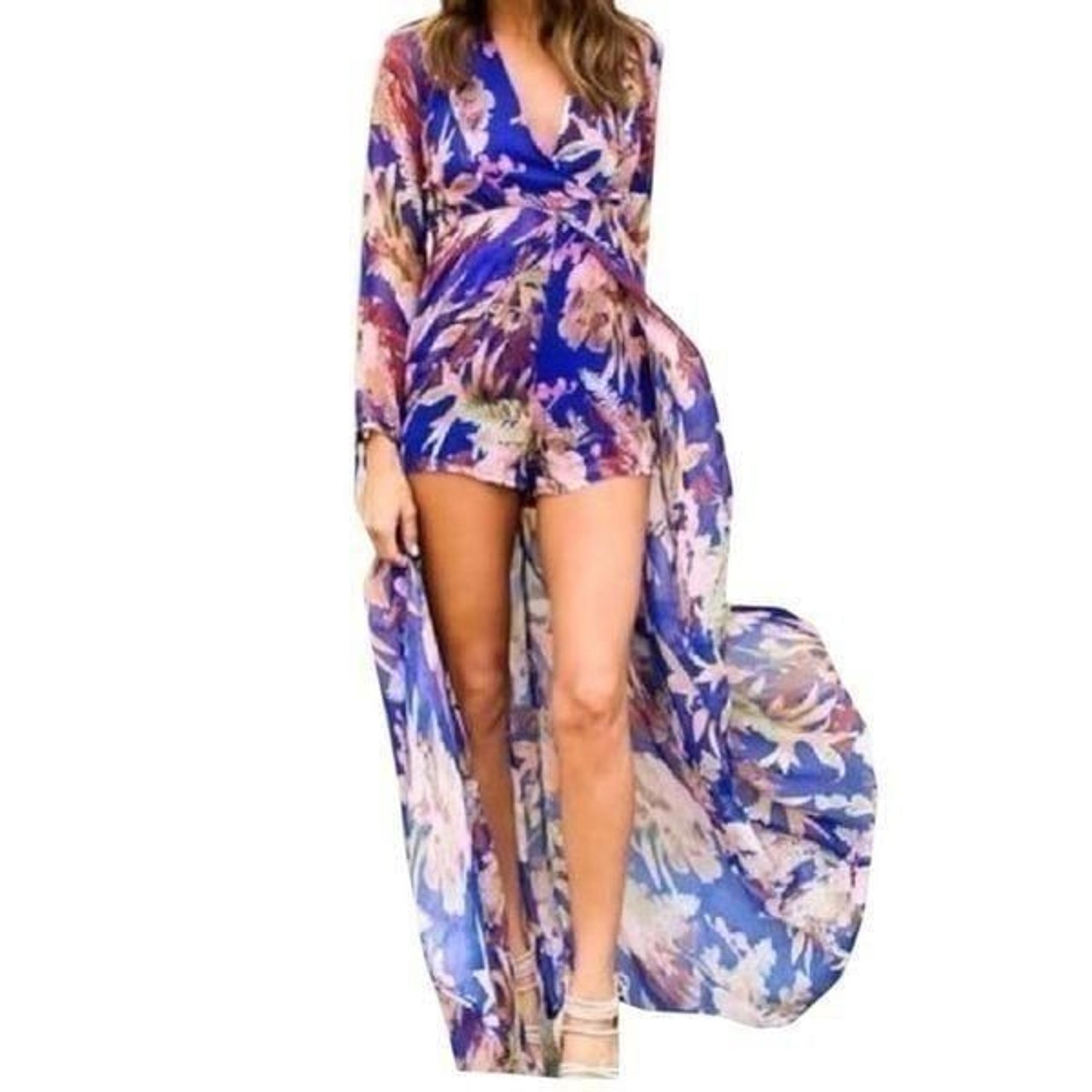 Hot Miami Styles v-neck Floral Print Chiffon Maxi Dress Romper Jumpsuit | M