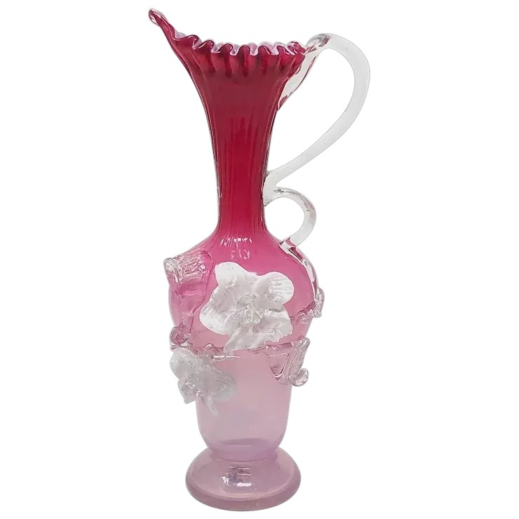 Victorian Stevens & Williams Opalescent Pink Glass Ewer with Applied Flowers