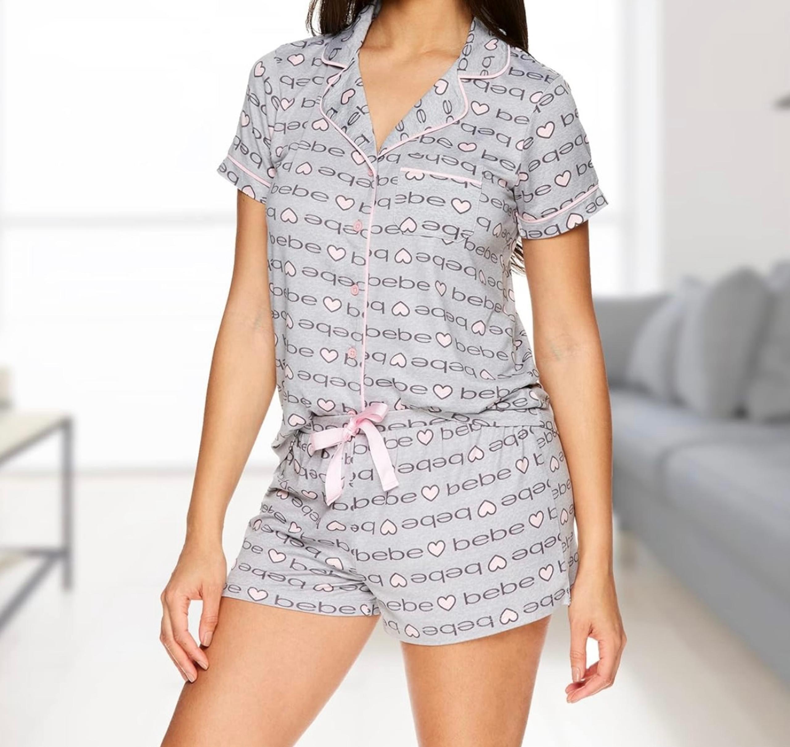 bebe Womens Pajama Sets Button Down Shirt and Shorts Sleepwear... size L