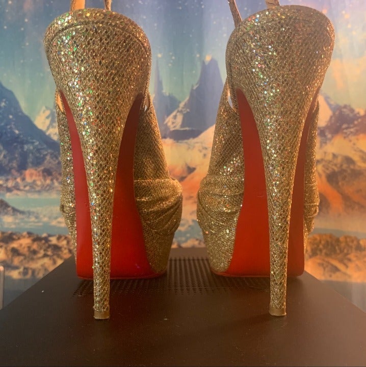 Gold Glitter Fabric Jenny Knotted Platform Slingback Louboutins Size 39.5