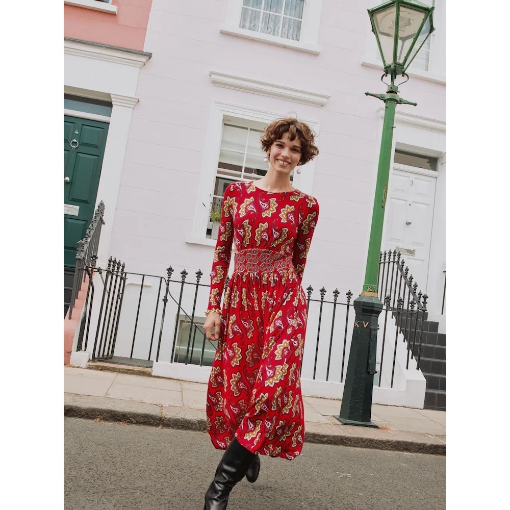 New BODEN Thea Long Sleeve Midi Dress Red, Paisley Amaryllis Women