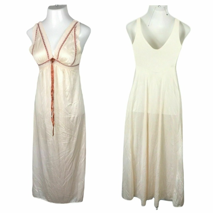 Val Mode Vintage Long Sleeveless Peach Dress Gown Lingerie ~ Sz S ~ Lace Trim