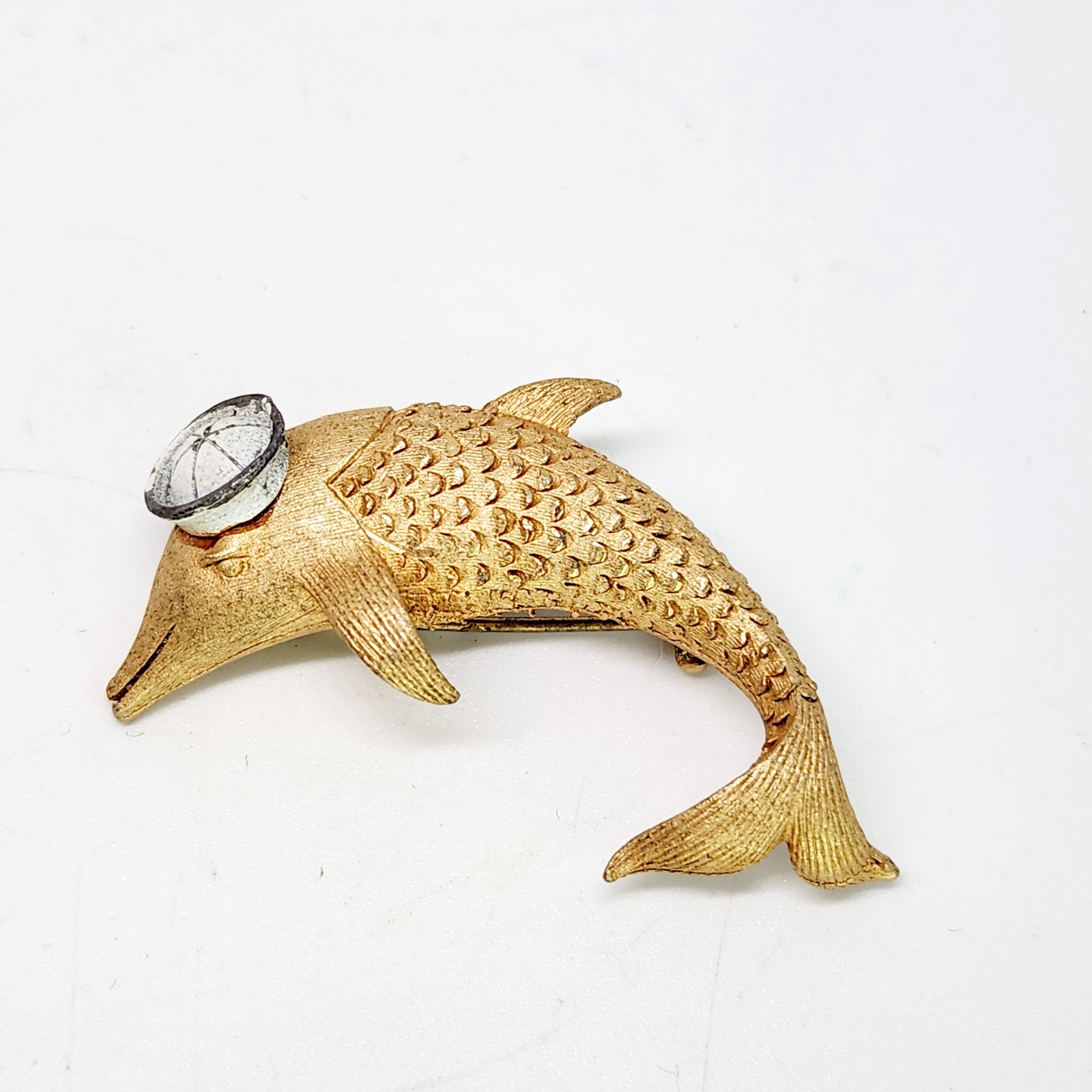Vintage Brushed Gold Sailor Navy Dolphin Fish Mahi Dixie Cup Hat Rare Brooch Pin