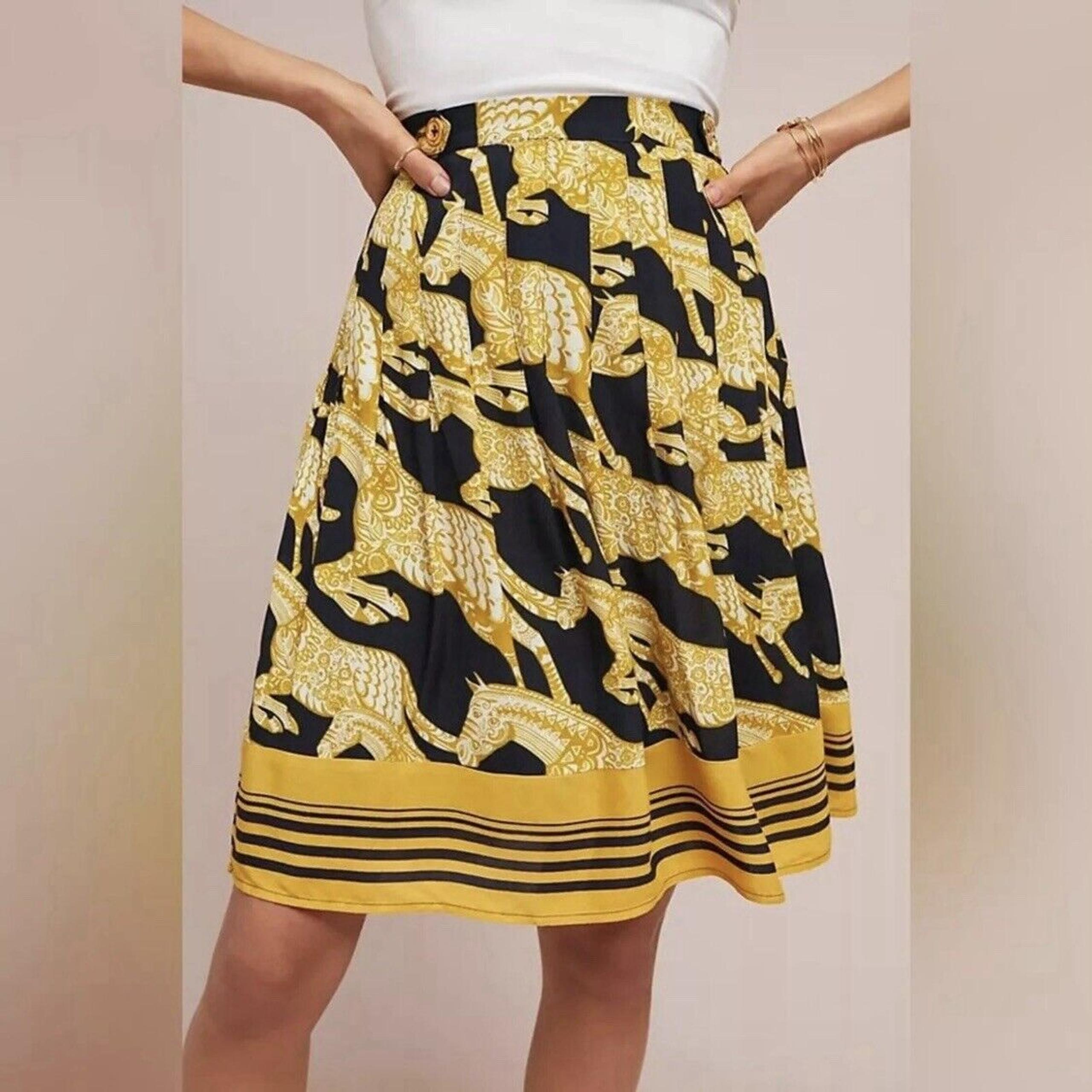 Maeve Anthropologie Jade A-Line Knee Length Skirt Size 2 Horse Print Navy Yellow