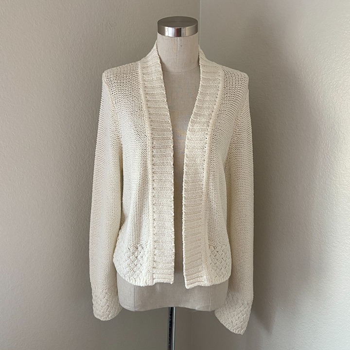 Lucky Brand Boho Cable Knit Open Front Cardigan Minimalist Ivory Color Sz L NWT