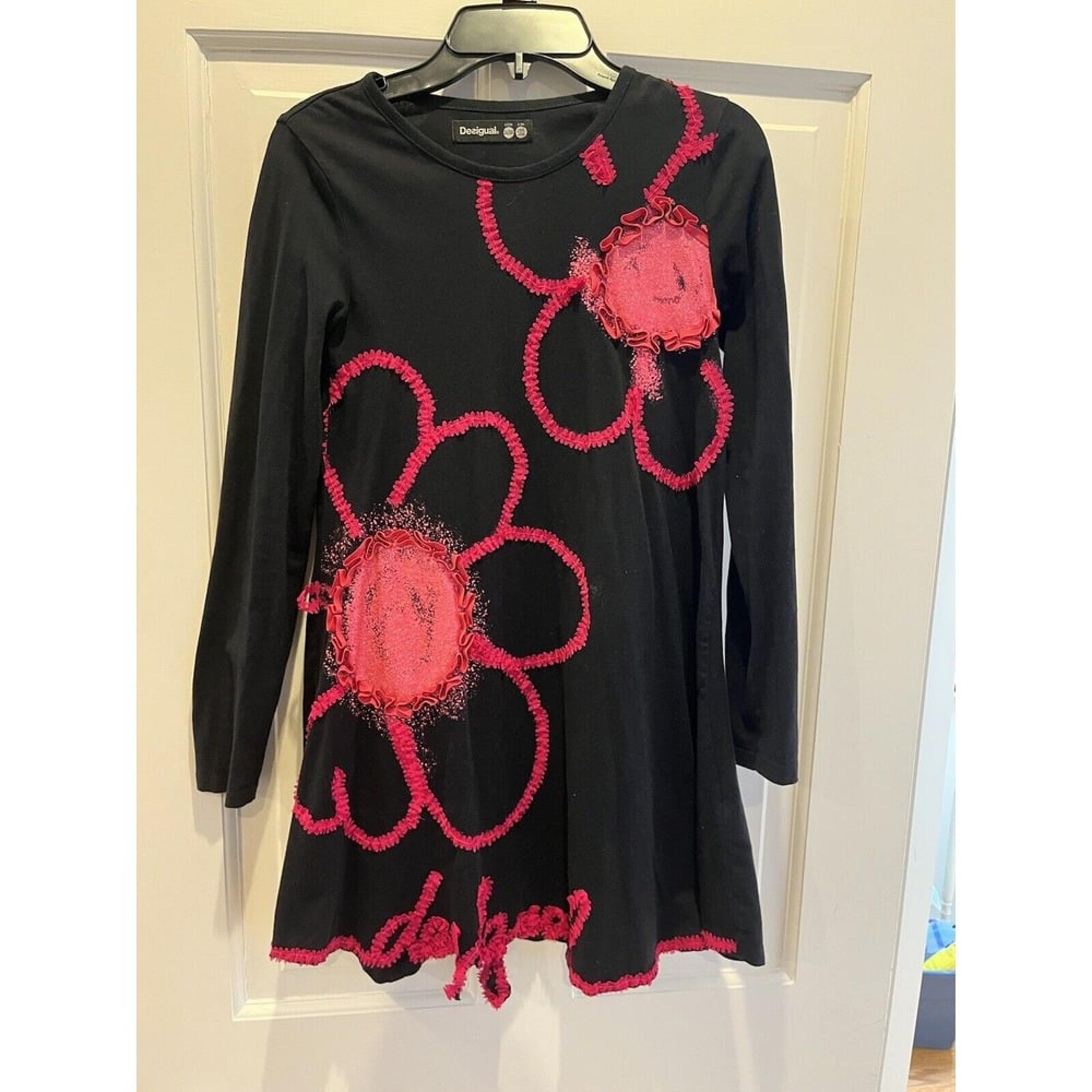 DESIGUAL FLORAL PINK ART LOGO BLACK GIRLS DRESS, SIZE 11-12