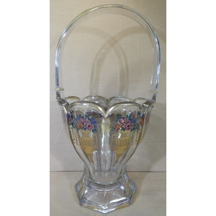 Antique Large Crystal Brides Basket Hand Painted Gold Gilt, Floral Design ca1900